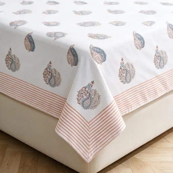 Peach_Printed_Peacock_Pattern_King_Size_Bedsheet