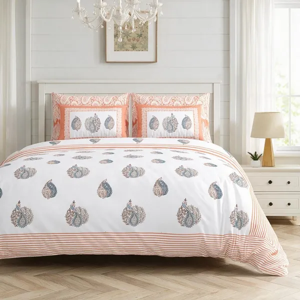 Peach_Printed_Peacock_Pattern_King_Size_Bedsheet