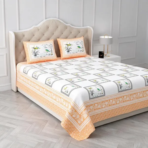Orange_Botanical_Bird_Print_King_Size_Bedsheet_Set