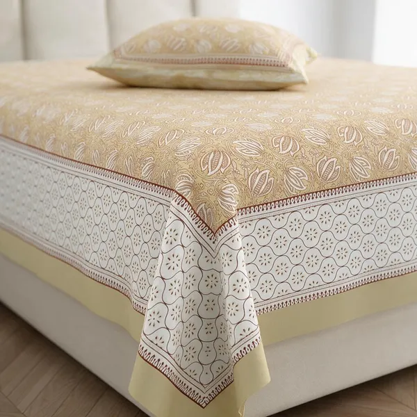Cream_Textile_Floral_Print_King_Size_Bedsheet