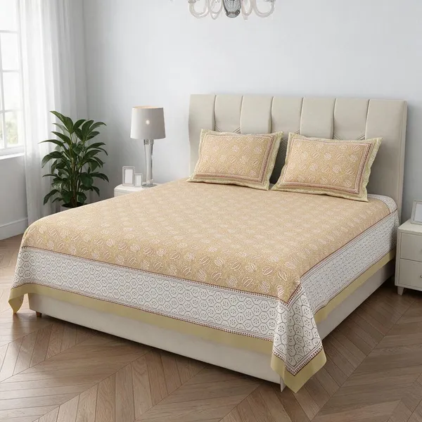 Cream_Textile_Floral_Print_King_Size_Bedsheet