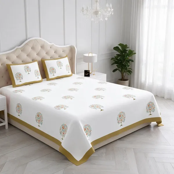 Ivory_Gold_Floral_Print_King_Size_Bedsheet