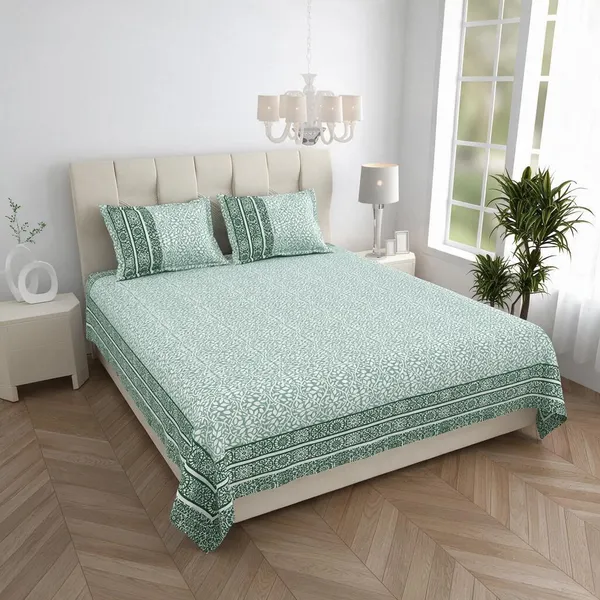 Sea_Green_Floral_Print_King_Size_Bedsheet