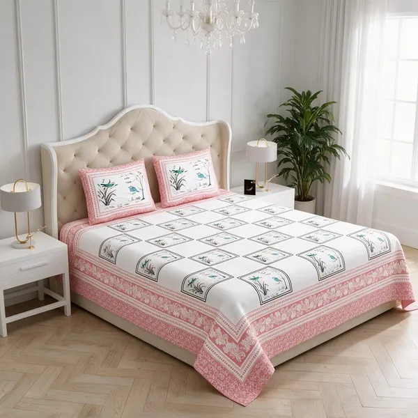 Blush_Pink_Printed_Floral_Bird_King_Size_Bedsheet