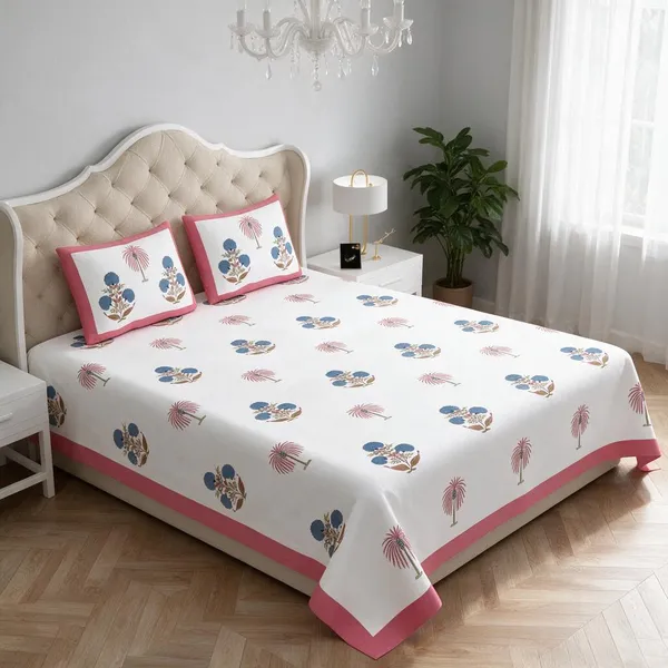 Coral_Pink_And_White_Floral_Print_King_Size_Bedsheet
