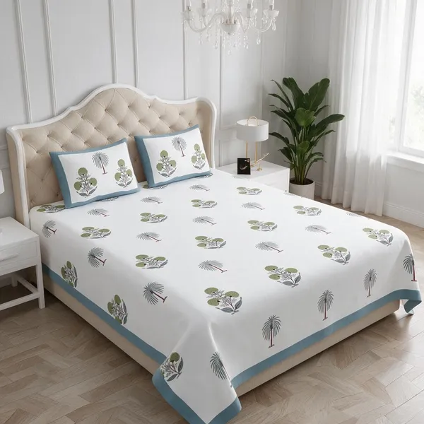 Blue_And_White_Printed_Botanical_Tree_Pattern_King_Size_Bedsheet_Set