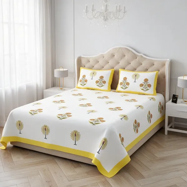 Golden_Yellow_Botanical_Floral_Print_King_Size_Bedsheet