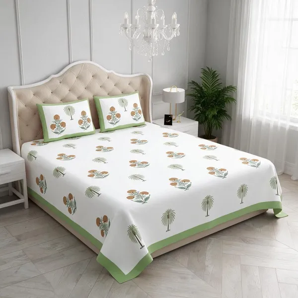 Green_And_White_Botanical_Print_King_Size_Bedsheet