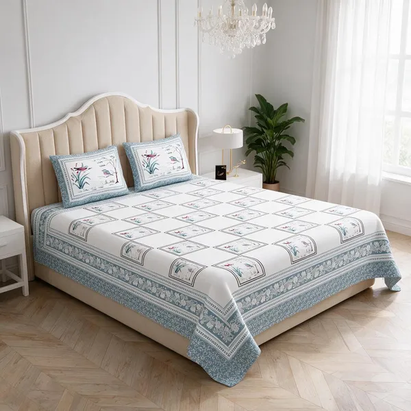 Powder_Blue_Botanical_Print_King_Size_Bedsheet