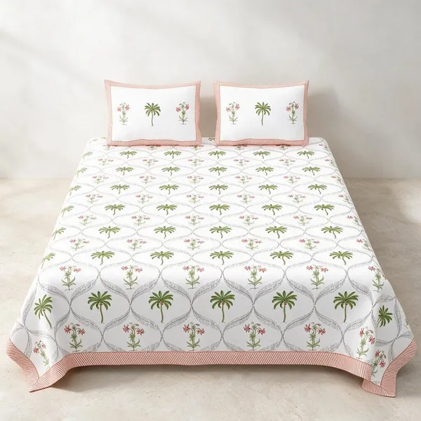 Sage_Green_Printed_Geometric_Palm_Pattern_King_Size_Bedsheet_Set