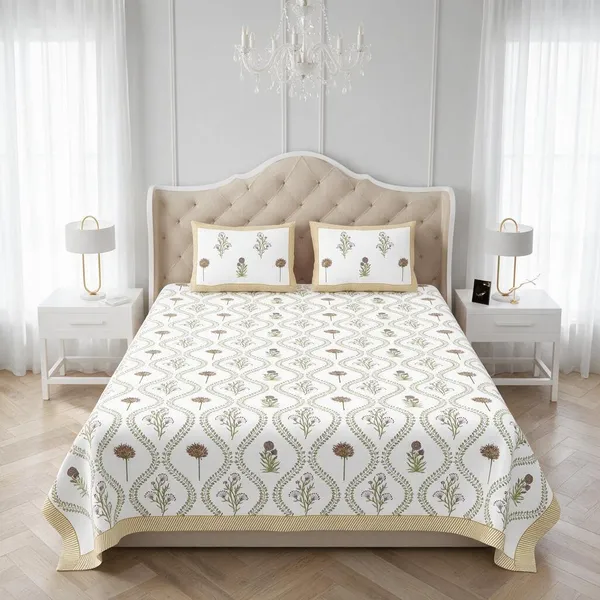 Beige_Fabric_Botanical_Floral_Print_King_Size_Bedsheet_Set