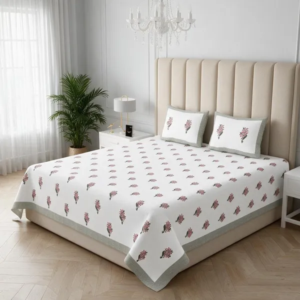 Grey_And_White_Fabric_Floral_Print_King_Size_Bedsheet