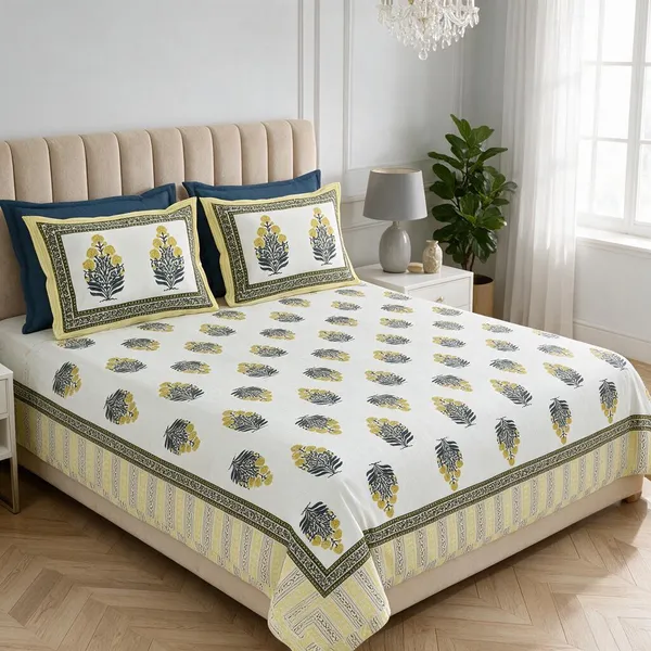 Butter_Yellow_Botanical_Floral_Print_King_Size_Bedsheet_Set