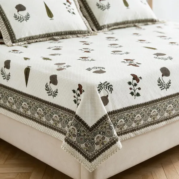 Olive_And_White_Floral_Print_King_Size_Bedsheet_Set