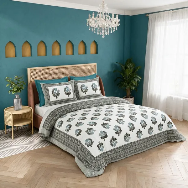 Charcoal_Teal_Printed_Floral_Pattern_King_Size_Bedsheet