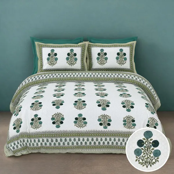Pine_Green_And_White_Floral_Print_King_Size_Bedsheet
