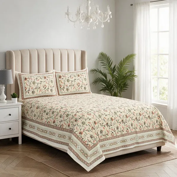 Cream_Fabric_Floral_Print_King_Size_Bedsheet_Set