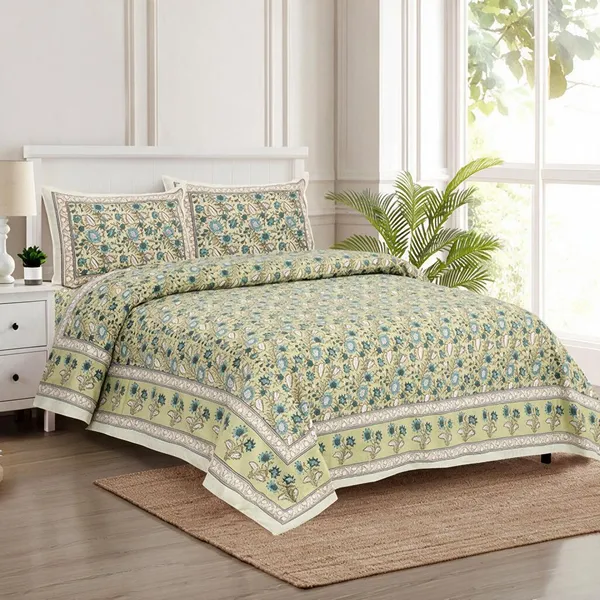 Olive_Green_Floral_Print_King_Size_Bedsheet