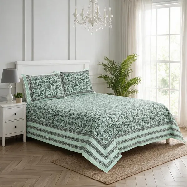Green_And_White_Floral_Print_King_Size_Bedsheet_Set