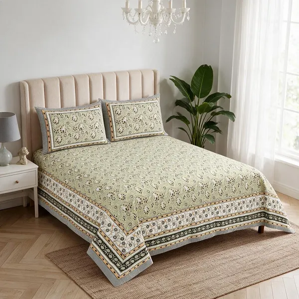 Green_And_White_Floral_Print_King_Size_Bedsheet