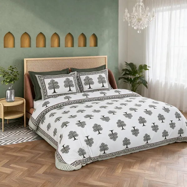Moss_Green_Tree_Print_King_Size_Bedsheet_Set