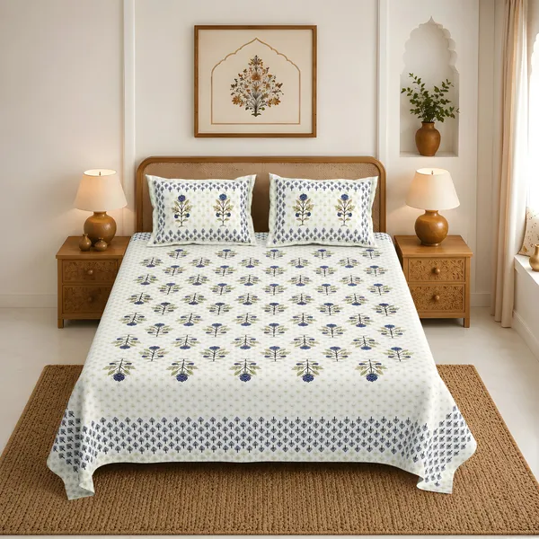 Navy_And_White_Floral_Print_King_Size_Bedsheet