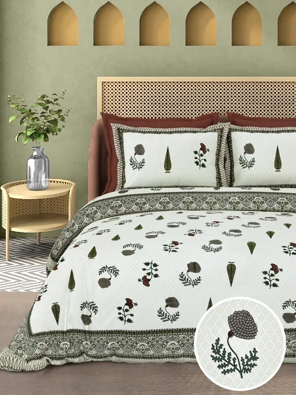 Olive_And_White_Floral_Print_King_Size_Bedsheet_Set