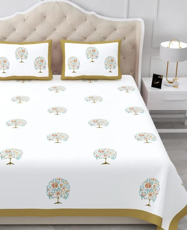 Ivory_Gold_Floral_Print_King_Size_Bedsheet
