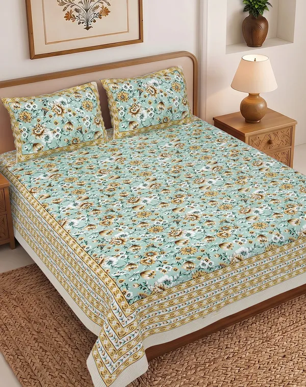 Mint_Green_Floral_Print_Queen_Size_Bedsheet_Thread_Count_140_GSM_200