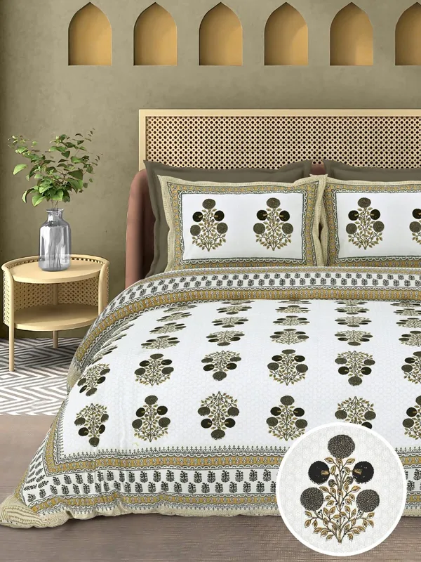 Olive_Green_Printed_Floral_King_Size_Bedsheet_Set