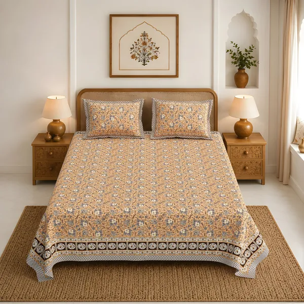 Orange_Floral_Print_King_Size_Bedsheet_Set