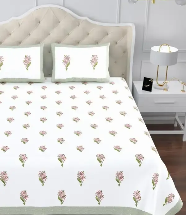 Green_And_White_Floral_Print_King_Size_Bedsheet_Set