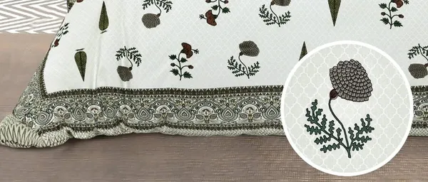 Olive_And_White_Floral_Print_King_Size_Bedsheet_Set