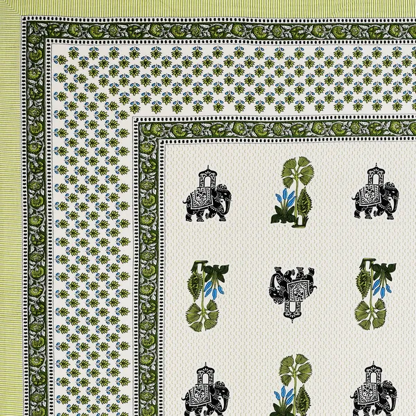 Green_And_White_Block_Print_Elephant_Motif_King_Size_Bedsheet