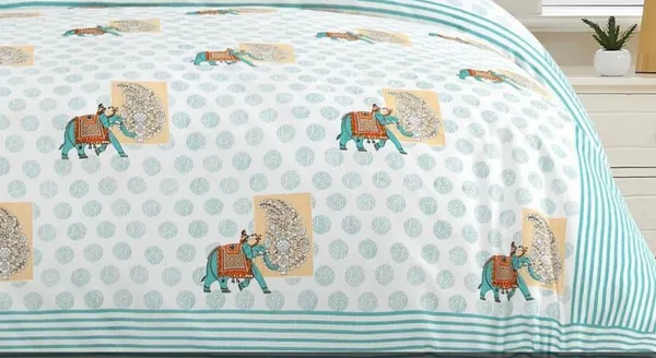Teal_Green_Printed_Elephant_King_Size_Bedsheet_Set