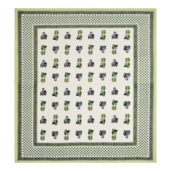 Green_And_White_Block_Print_Elephant_Motif_King_Size_Bedsheet