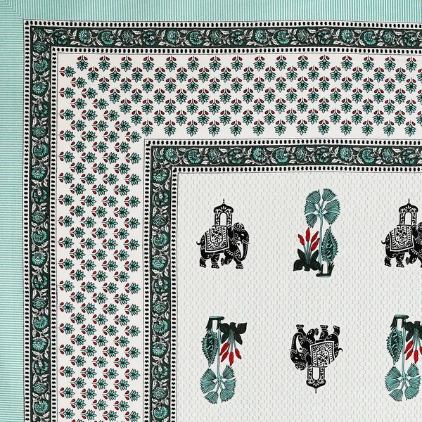 Teal_And_White_Traditional_Elephant_Floral_Print_King_Size_Bedsheet
