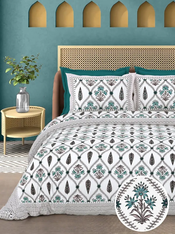 Teal_Bohemian_Floral_Print_King_Size_Bedsheet