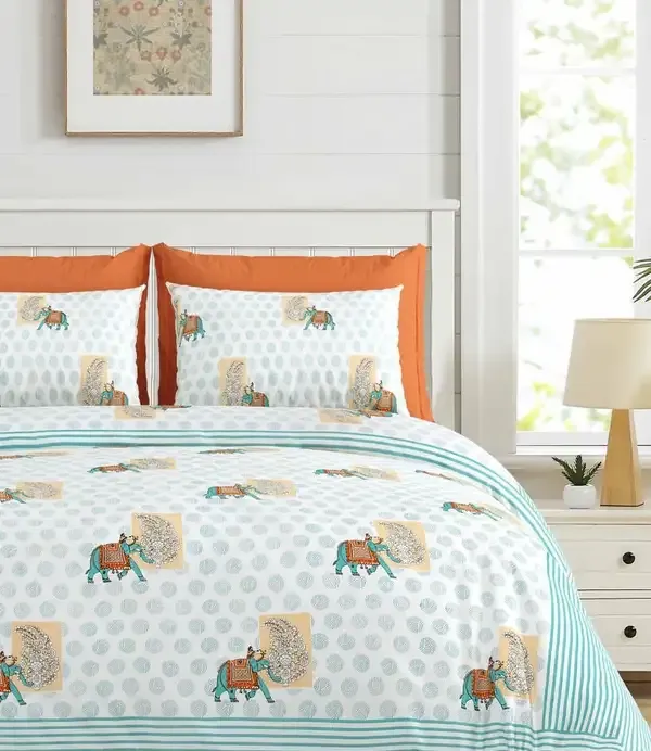 Teal_Green_Printed_Elephant_King_Size_Bedsheet_Set