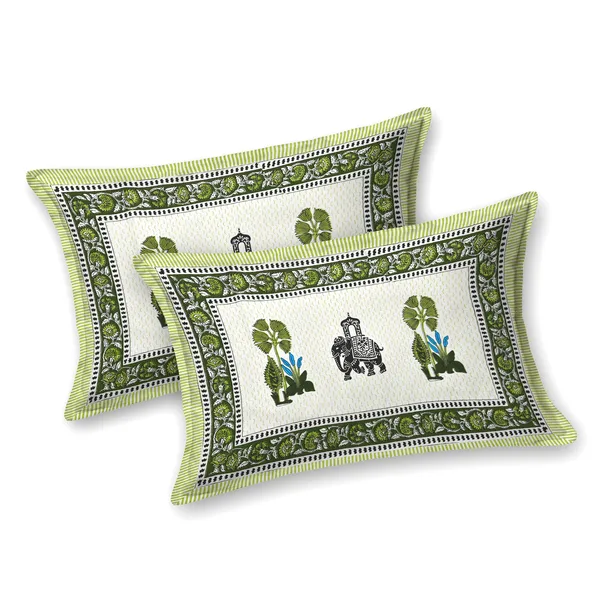 Green_And_White_Block_Print_Elephant_Motif_King_Size_Bedsheet