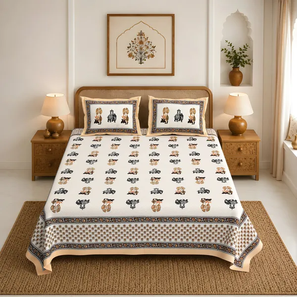 Coral_And_Off_White_Traditional_Elephant_Print_King_Size_Bedsheet