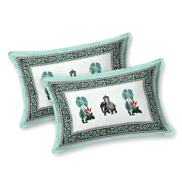 Teal_And_White_Traditional_Elephant_Floral_Print_King_Size_Bedsheet