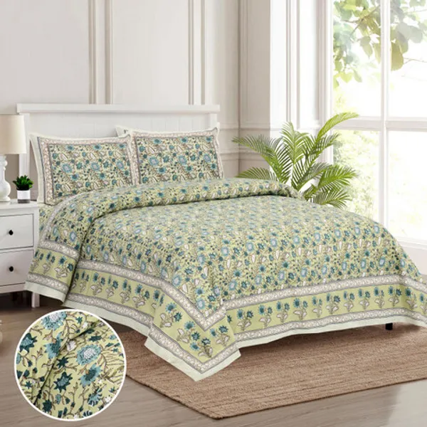 Olive_Green_Floral_Print_King_Size_Bedsheet