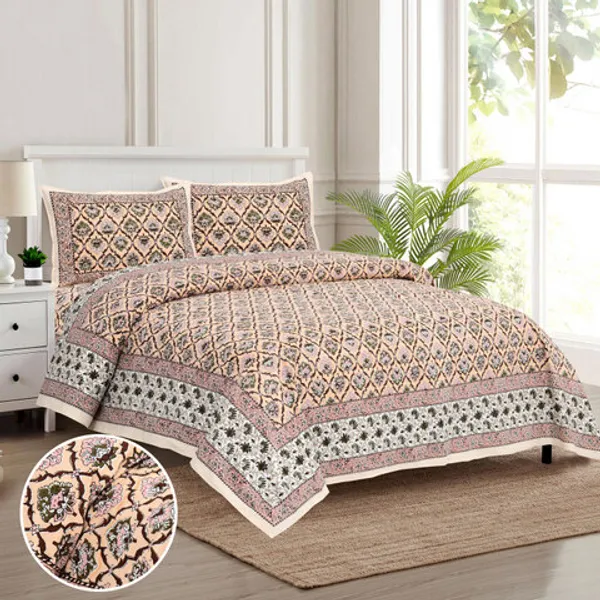 Peach_Printed_Floral_Geometric_King_Size_Bedsheet