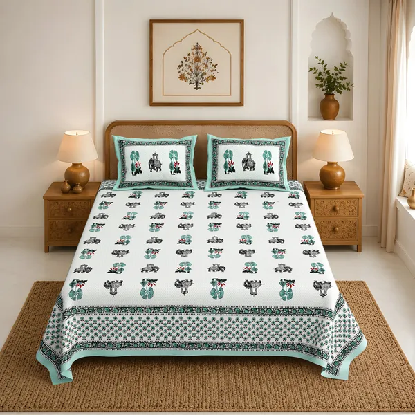 Teal_And_White_Traditional_Elephant_Floral_Print_King_Size_Bedsheet