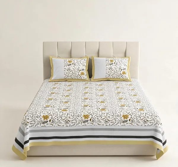 Lime_Yellow_Floral_Print_King_Size_Bedsheet