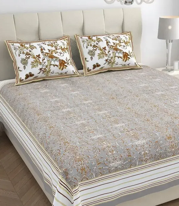 Grey_Floral_Print_King_Size_Bedsheet_Set