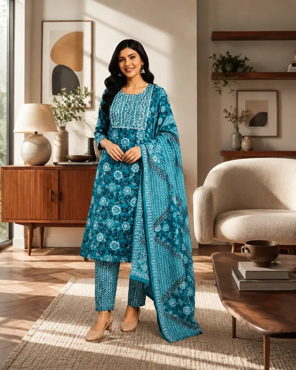 Teal_Printed_Ethnic_Kurta_Set_For_Women