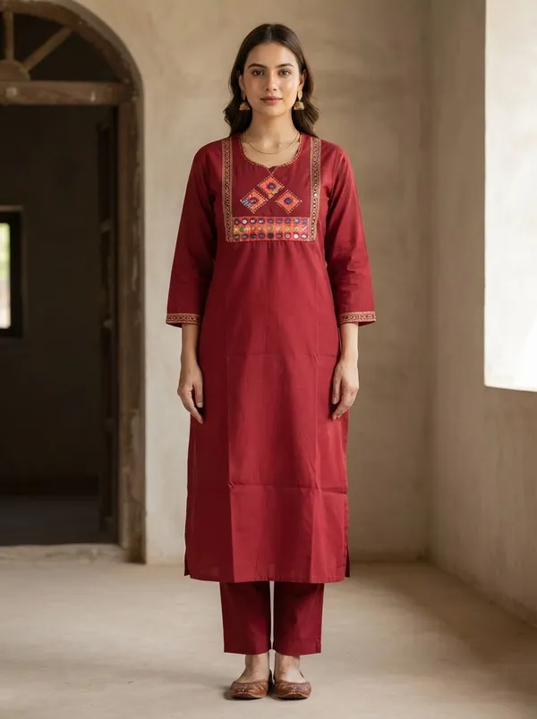 Pure_Cotton_Maroon_Embroidered_Straight_Kurti_set