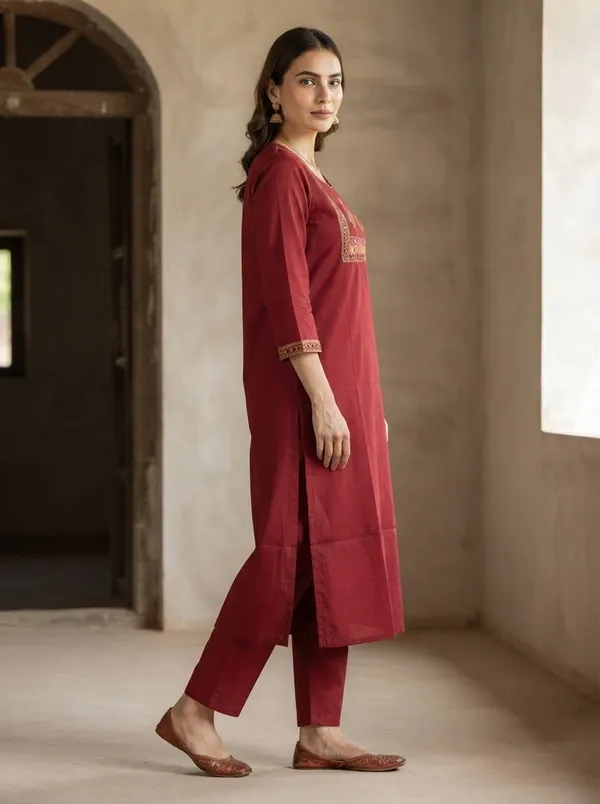 Pure_Cotton_Maroon_Embroidered_Straight_Kurti_set